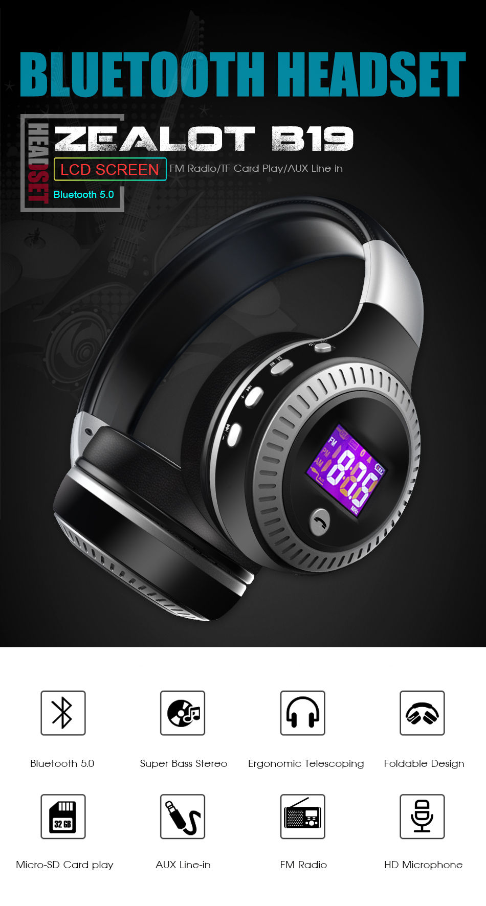 Thumbnail: Wireless Headphone Bluetooth Headset Super Bass Stereo Support TF Card MP3 
