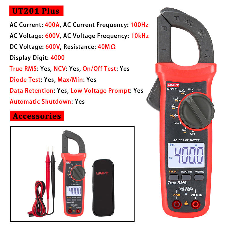 Thumbnail: UNI-T UT210E UT202A UT204 Plus Clamp Meter AC/DC Digital Voltmeter Ammeter 