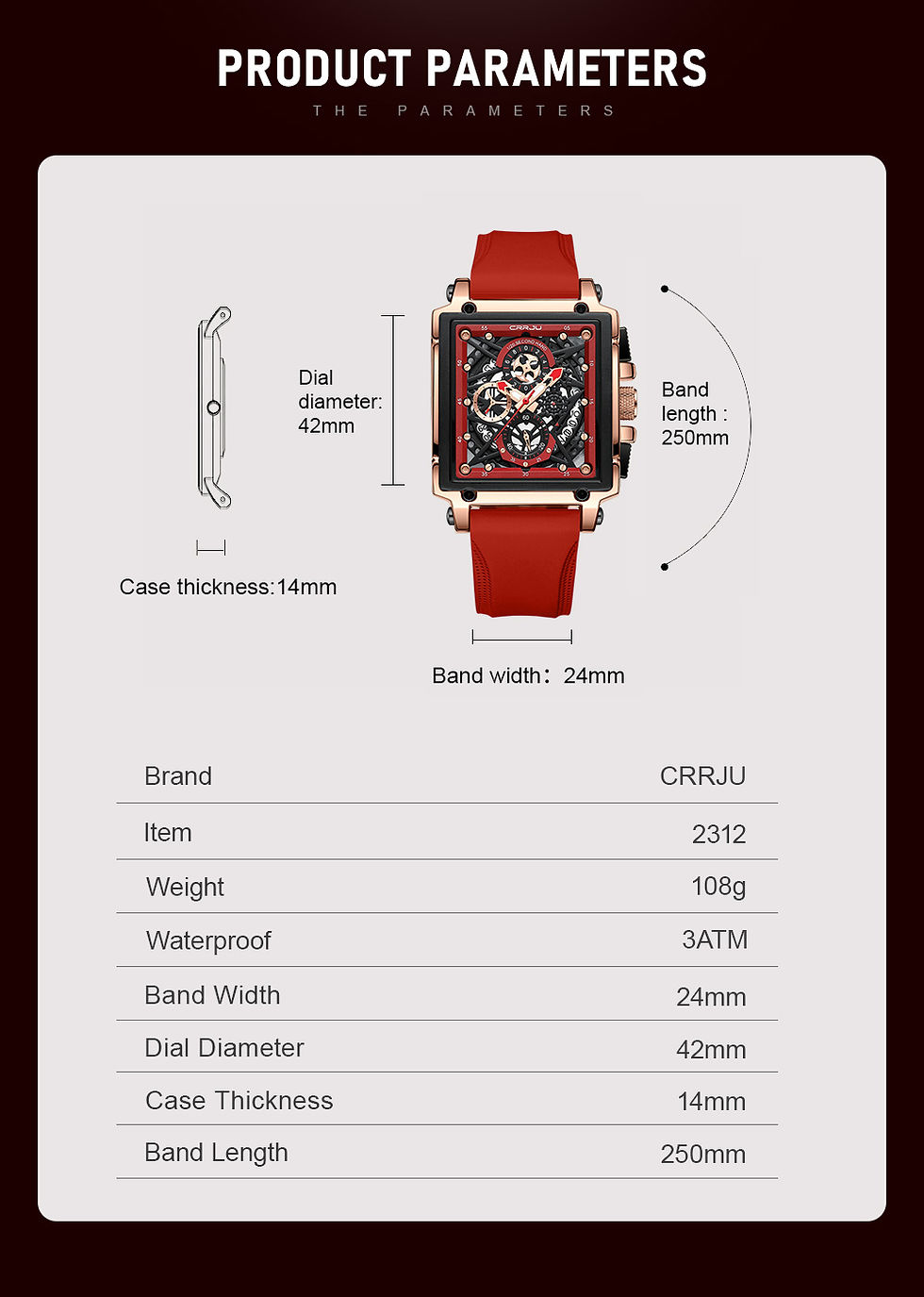 Thumbnail: CRRJU Fashion Sports Watches with Large Dial Unique RectangularHollow Design 