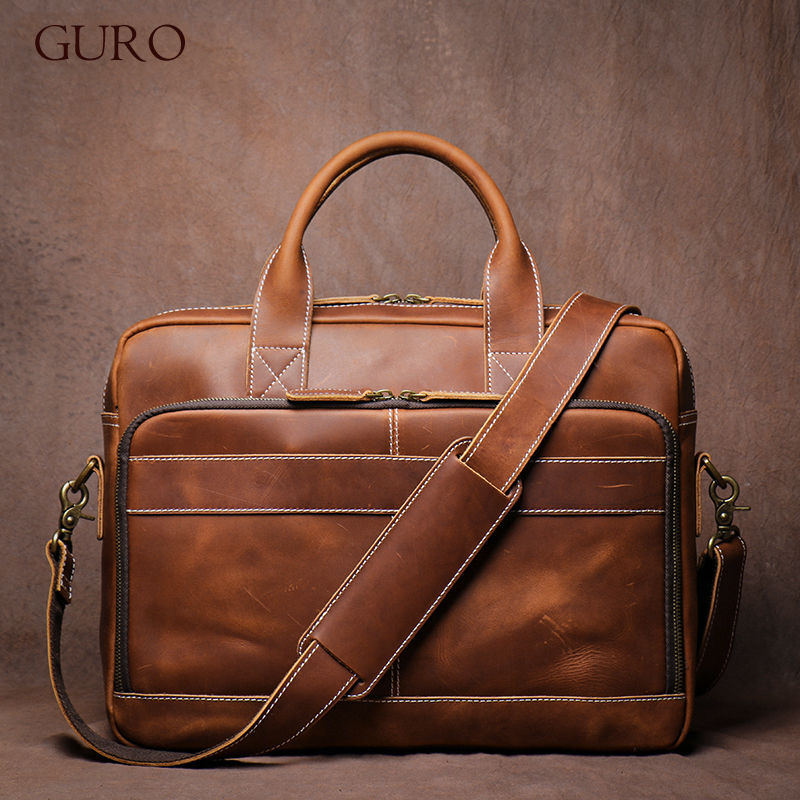 GURO Men's Top Cowhide Executive Briefcase High Quality Handbag Vintage Crossbod