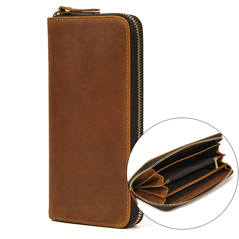 Thumbnail: Retro Crazy Horse Leather Purse for Men Clutch Purse Double Zipper 24 Cards Clut