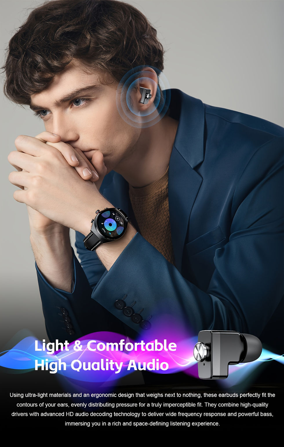 Thumbnail: wireless headset Men's Smartwatch Fashion business high , 400mAh large battery, 