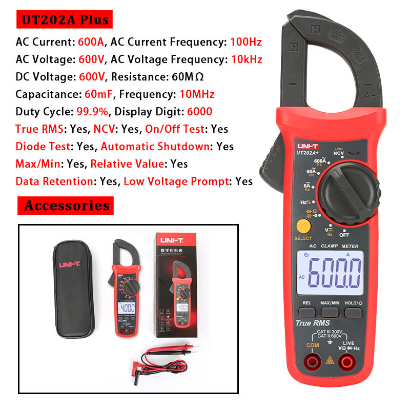 Thumbnail: UNI-T UT210E UT202A UT204 Plus Clamp Meter AC/DC Digital Voltmeter Ammeter 