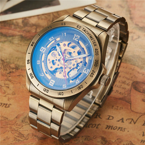 Thumbnail: Retro Style Men Automatic Mechanical Watch Skeleton Steampunk Genuine Leather Ba