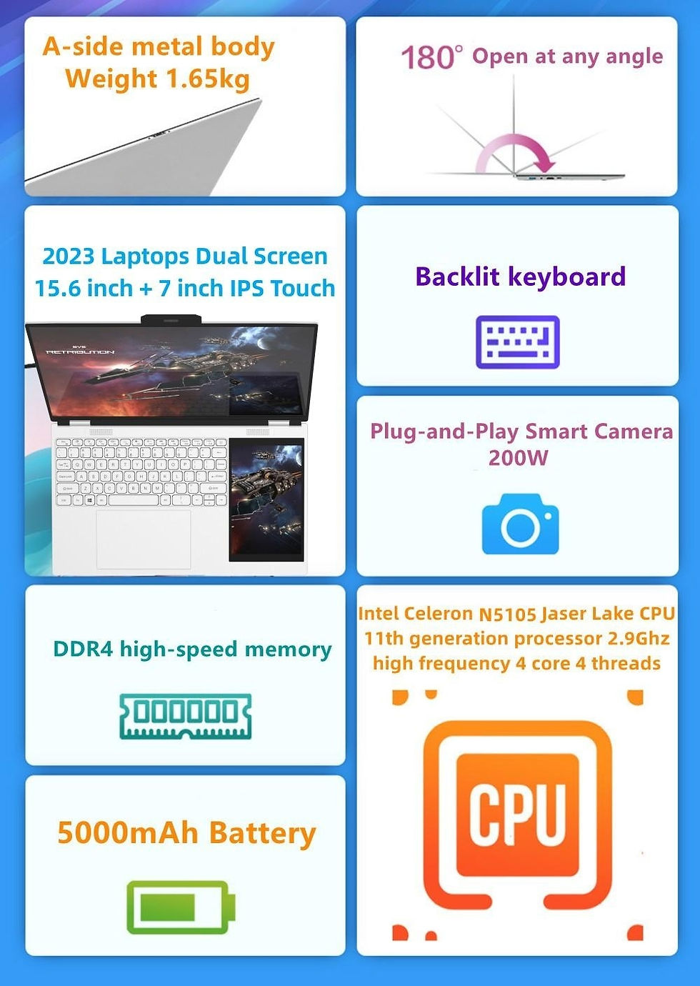 Thumbnail: Dual-screen Laptop intel Processor N100 4 Core 4 Thread 3.4GHz 15.6-inch IPS 2K 