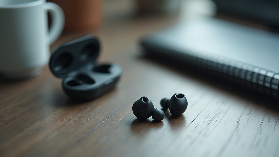 High angle view of wireless earbuds placed on a desk