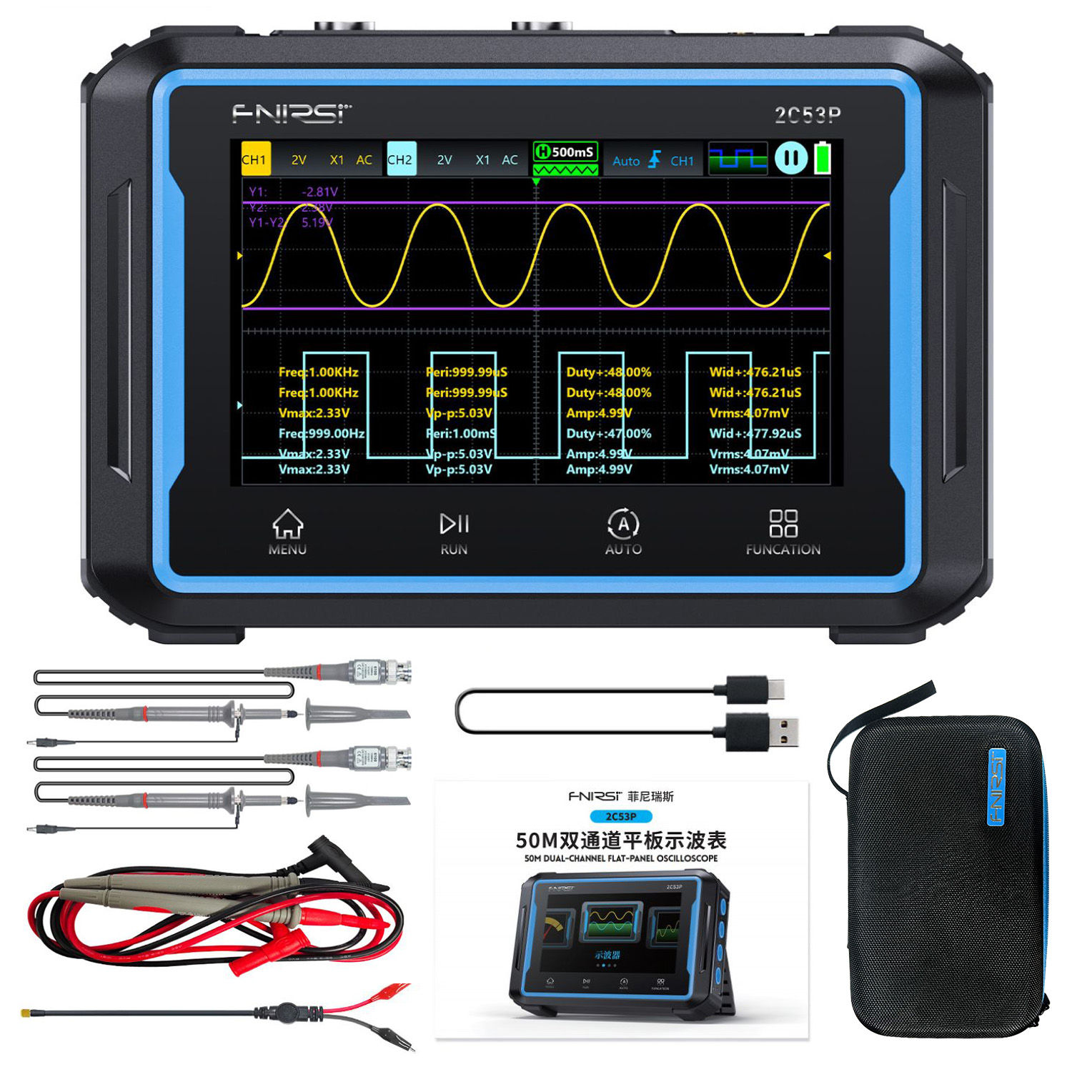 FNIRSI 2C53P Touch Screen Digital Oscilloscope+Multimeter+Signal Generator 3IN1