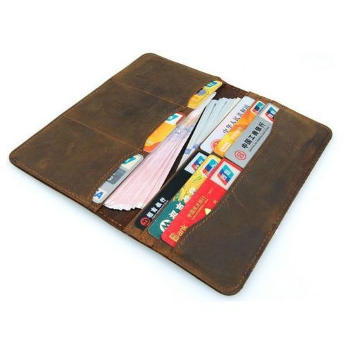 Thumbnail: Men Crazy Horse Leather Long Passport Wallet Multi Card Flip ID Compact Purse