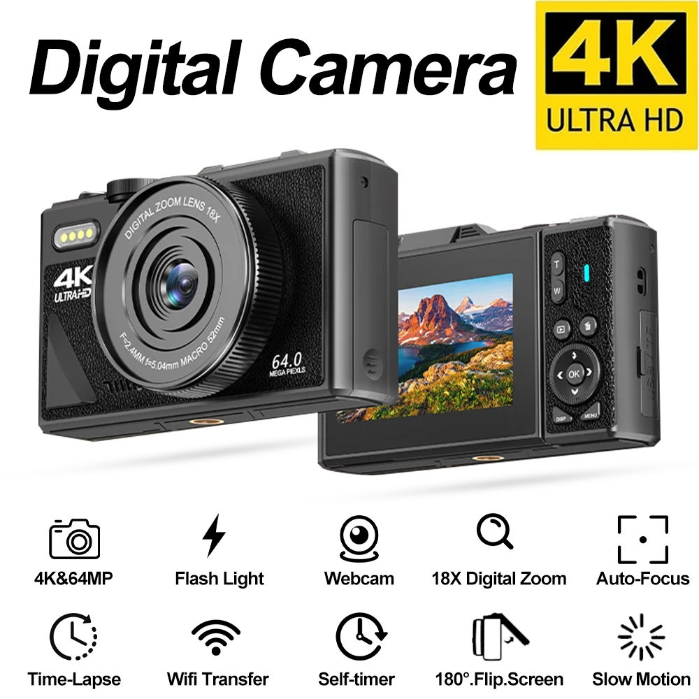 4K 64MP Digital Camera for Photography 3 Inch IPS Flip Screen 18X Digital Zoom V