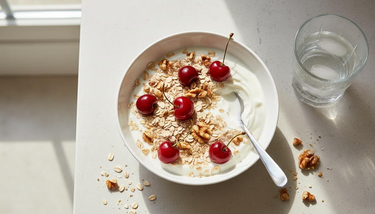 Top-down view of a simple low-purine meal with yogurt, oats, cherries, and walnuts