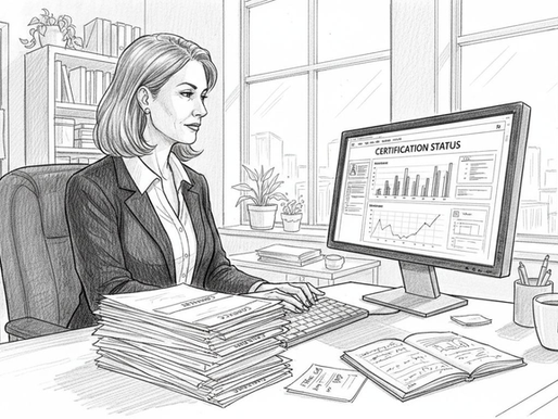 Business owner reviewing cybersecurity certification in office