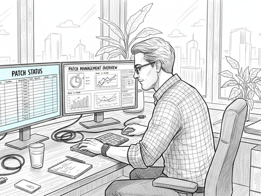 IT specialist reviews patch status at office desk