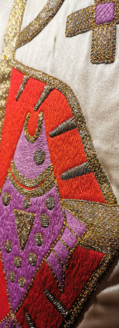 Closeup of embroidered chauble from Ercigoj embroidery exhibition