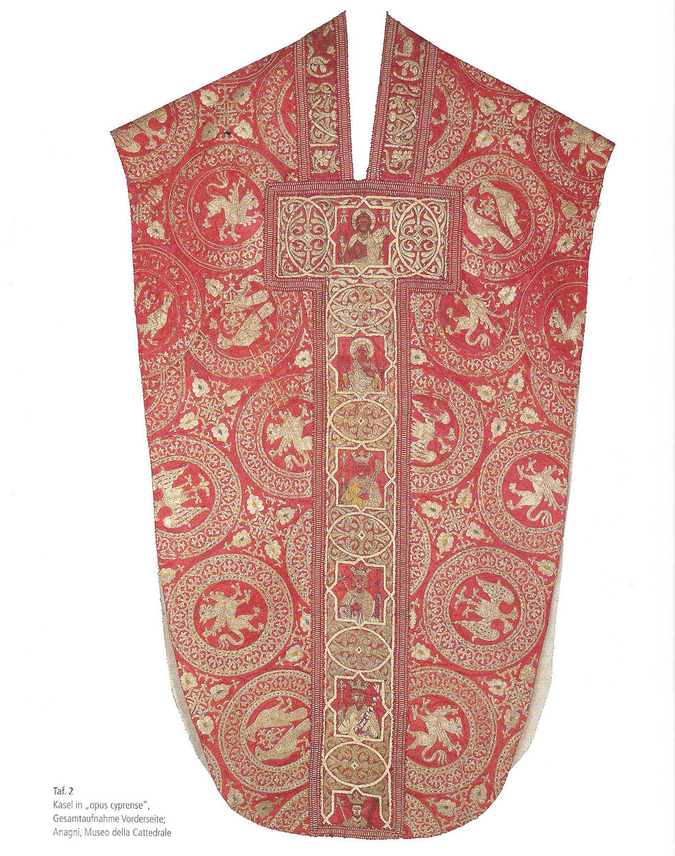 Chasuble of red samite with embroidery medalions with flying lyons and eagles motives and oprey with saints