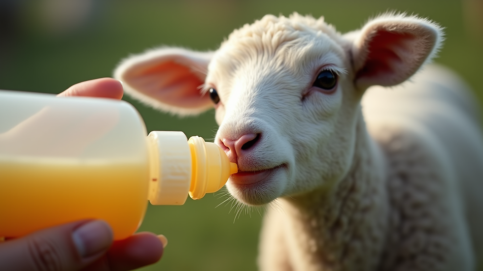 Eye-level view of lamb feeding bottle with nipple attached