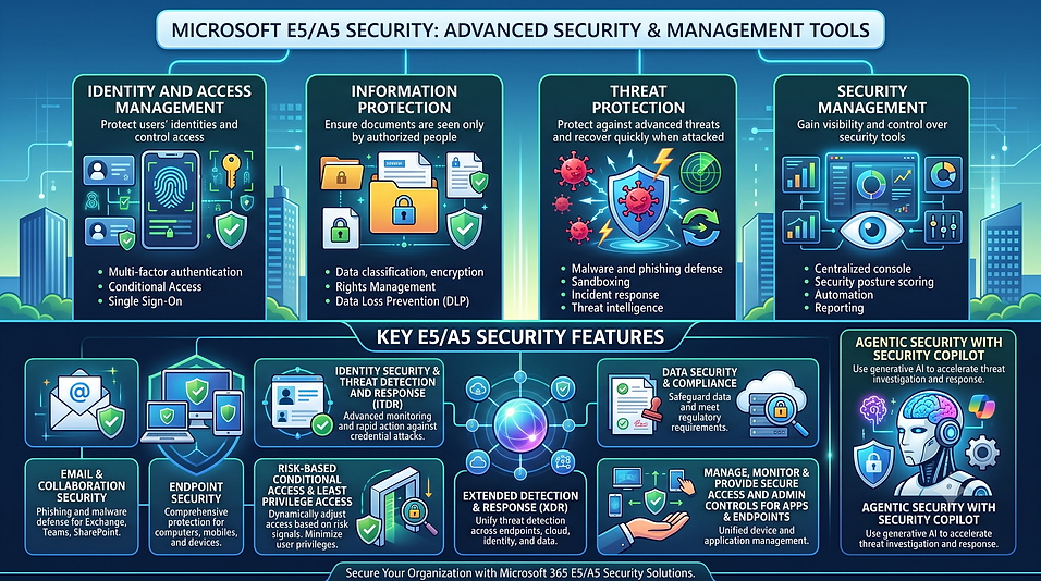 Microsoft 365 E5/A5 Security delivers advanced protection for identities, data, devices, and applications. It combines identity and access management, information protection, threat defense, and centralized security management. Key capabilities include multi-factor authentication, data loss prevention, endpoint security, threat detection and response (ITDR/XDR), compliance controls, and unified device management. The platform also integrates Security Copilot, using generative AI to accelerate threat investigation and response, helping organizations strengthen security, reduce risk, and improve operational efficiency.