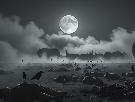 ein leichenfeld auf dem die Raben fressen.