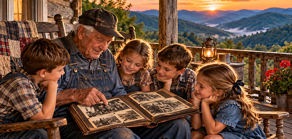 Old Miner sharing photos of coal miner's photos with grandkids
