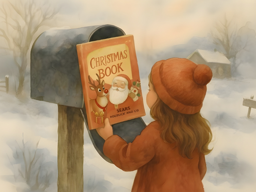 Little girl finding the sears wish book in the mailbox