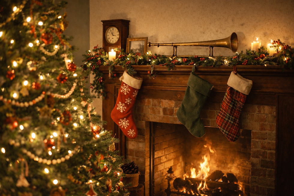 Decorated Tree, Fireplace mantel with stagecoach horn.