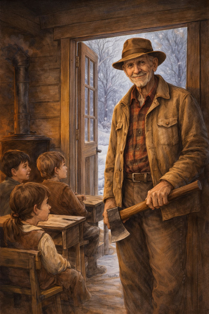 Papaw Henry standing in the school doorway to help cut a Christmas tree