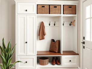Custom mudroom storage with built-in lockers, bench seating, and organized entryway for busy families