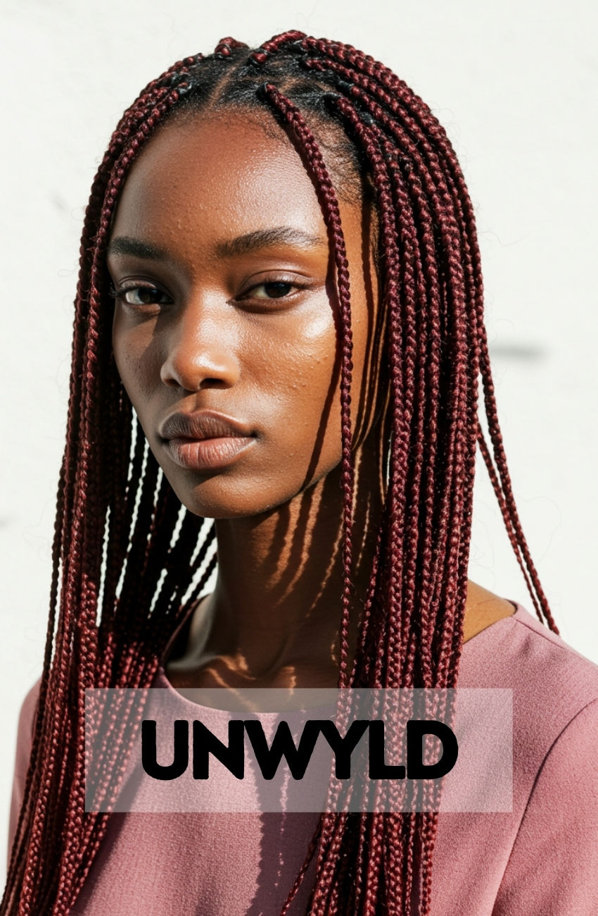 A woman with beautiful, natural-looking auburn twists that have a warm, reddish-brown tone.