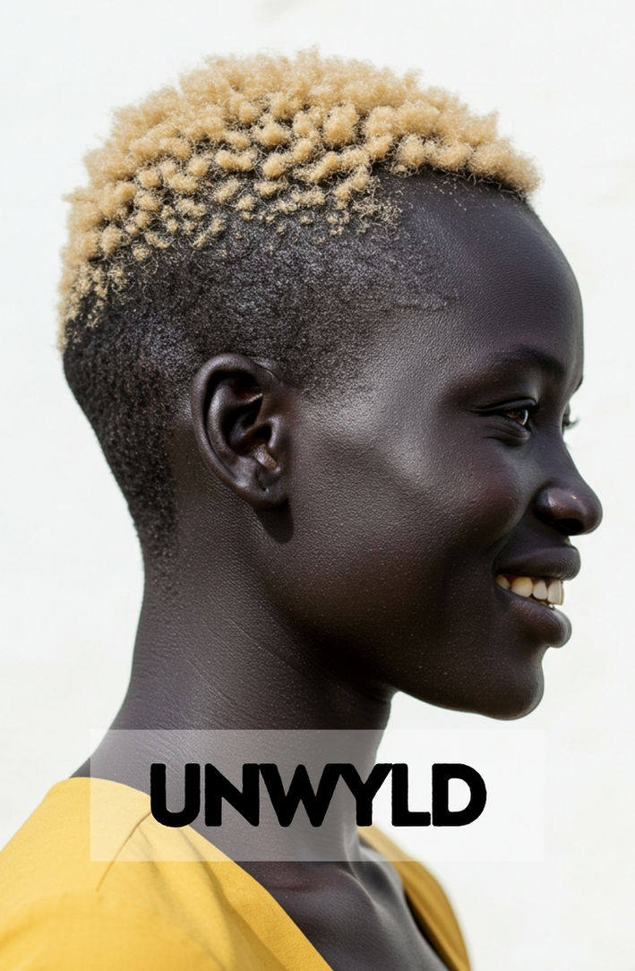 A confident woman with a chic, short blonde tapered haircut on her natural curls.