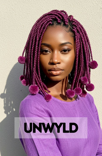 A woman with her braids playfully decorated with colorful yarn pom poms.