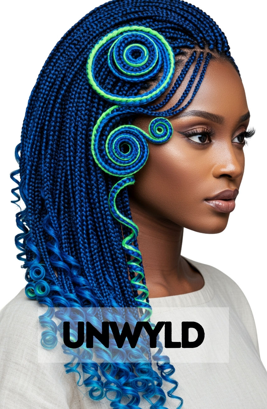 a woman with koroba blue braid curls from unwyld.com