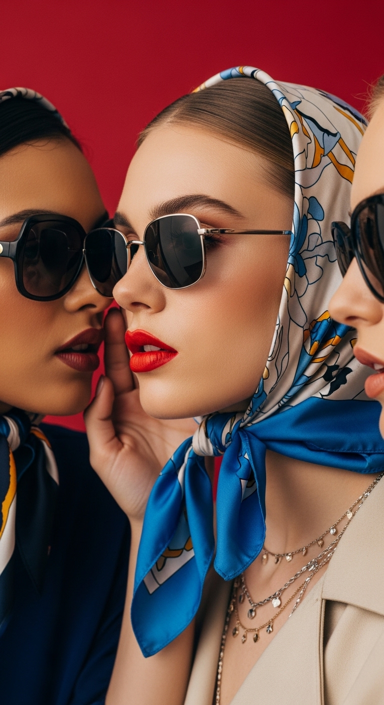 Women in sunglasses and scarves, one whispering