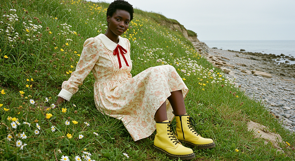 Woman in floral dress and yellow boots sits in field with short 4c hair unwyld.com