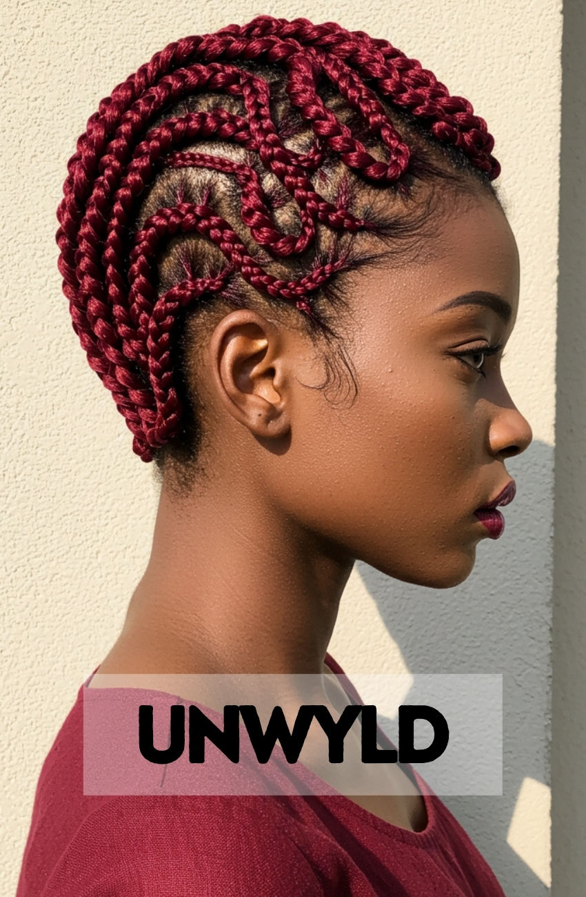 A close-up of an intricate, artistic freestyle braid design carved into a faded haircut.