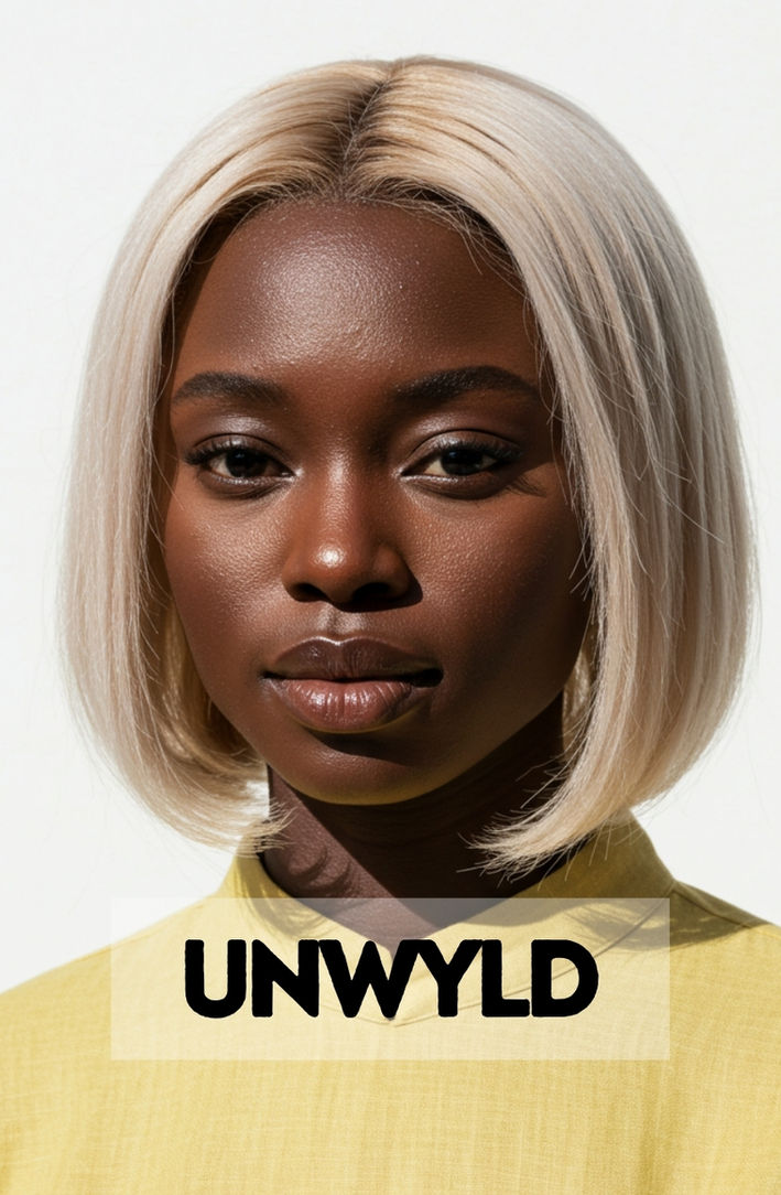 A beautiful Black woman with a perfectly styled honey blonde bob that complements her skin tone.