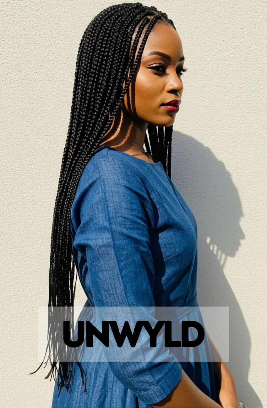 A Black woman with neat, hip-length medium knotless braids with a sharp center part, looking chic and polished.