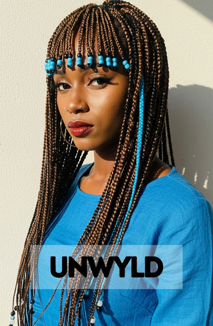 A woman with her box braids styled with a beautiful and intricate beaded fringe.