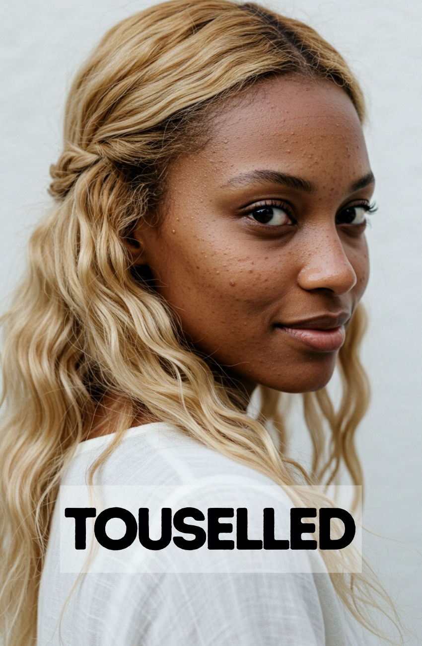 A woman with a soft, bohemian half-updo, with her blonde highlights starting a few inches down from her darker, "lived-in" root.