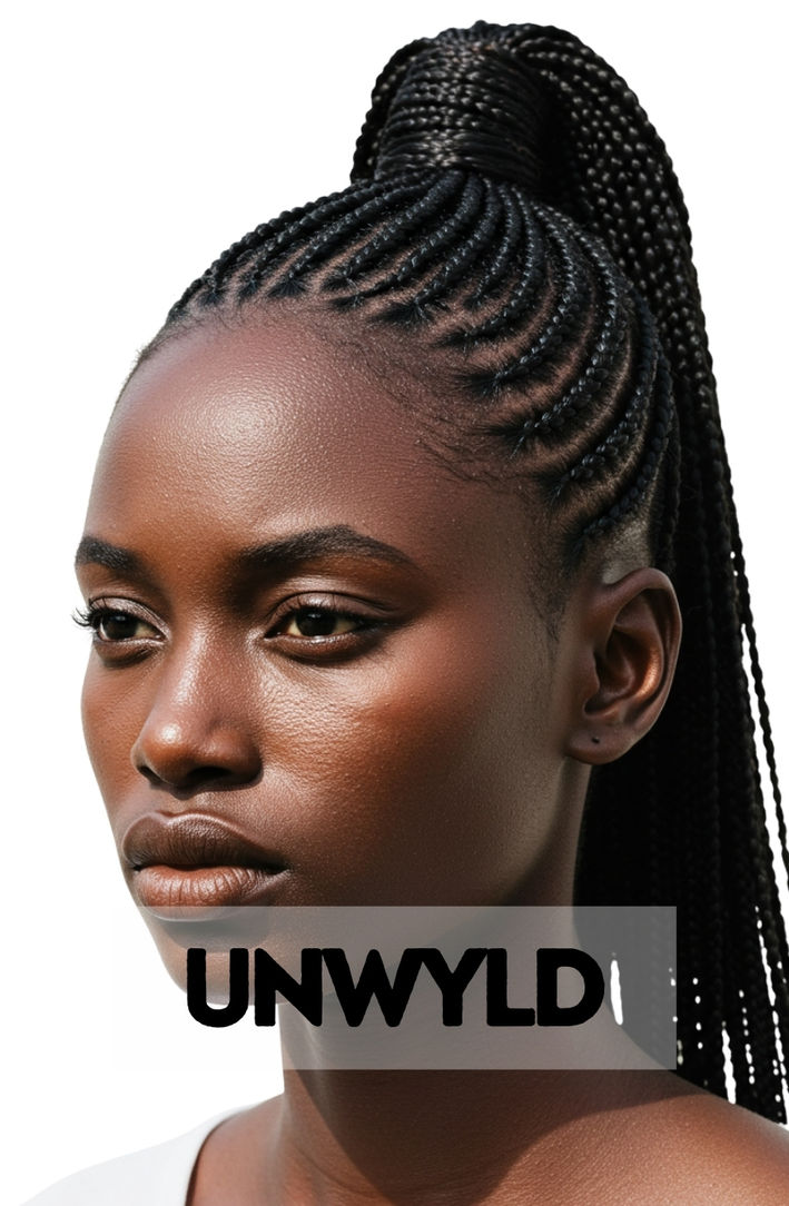 A woman looking confident and stylish with her hair in sleek, intricate cornrows braided up into a dramatic high ponytail with long extensions.