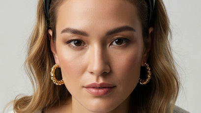 Young woman wearing a black headband and gold earrings in studio setting.