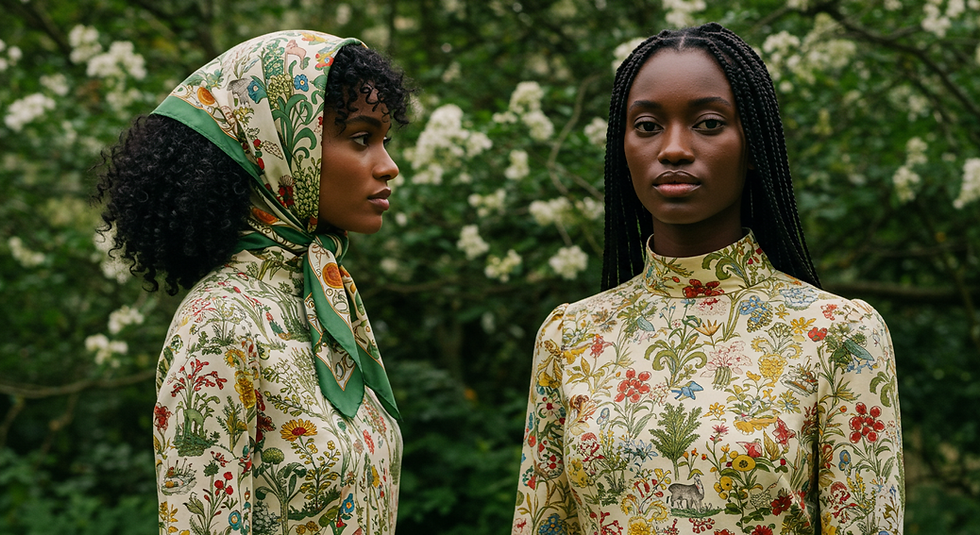 Two models wearing floral dresses and headscarf with braids and curly afro hairstyles from unwyld.com
