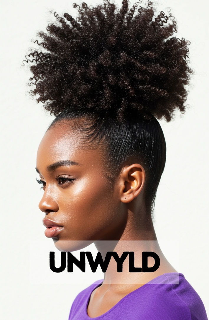 A Black woman with beautiful, long, curly natural hair loosely gathered at the top of her head in a "pineapple" puff.