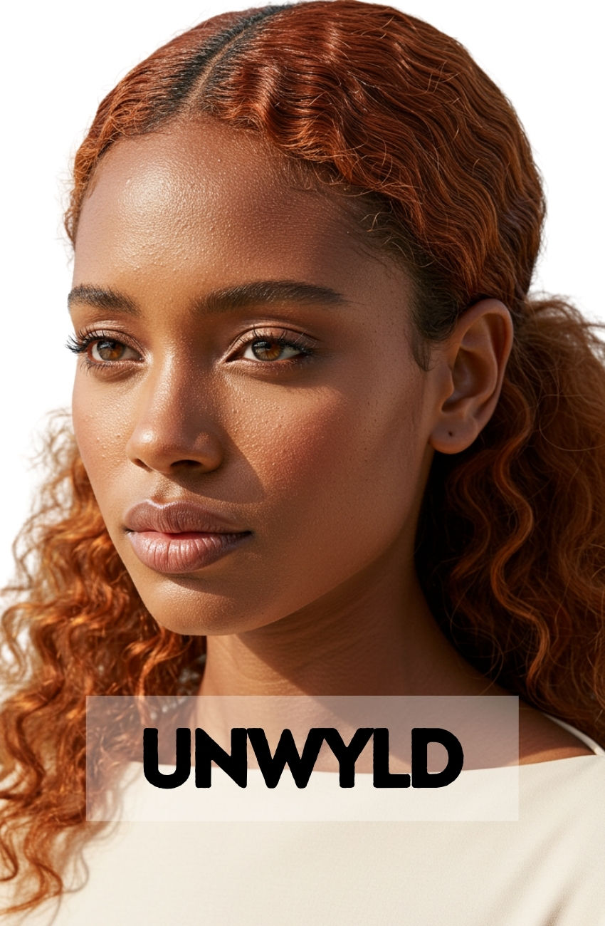 A Black woman with long, wavy hair in a warm copper color, styled in a beautiful half-up half-down look.