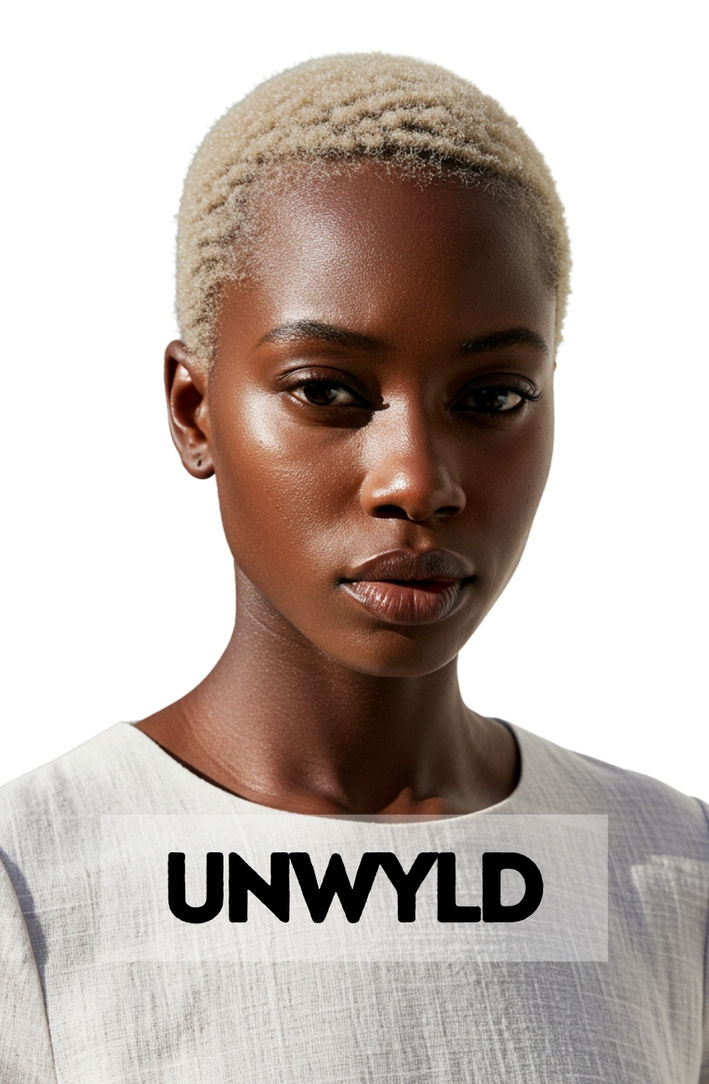 A stunning close-up of a Black woman with a flawless platinum blonde buzz cut, highlighting her beautiful facial features.
