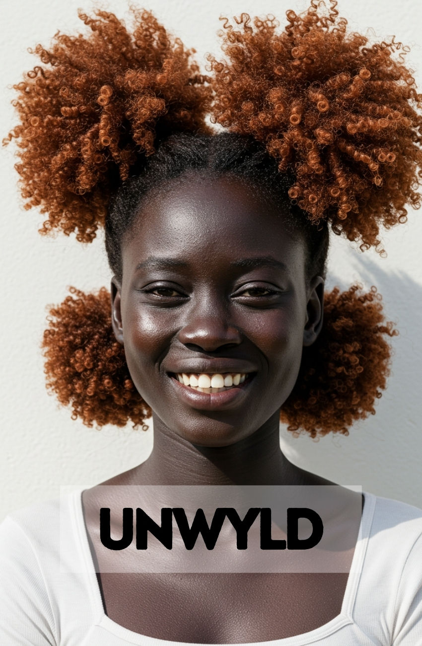 A joyful Black woman with her natural 4C hair styled into two cute and voluminous space buns.