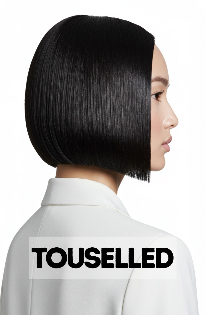 A model with a stacked, graduated bob haircut with an extreme high-shine "glass hair" finish in a jet-black color.