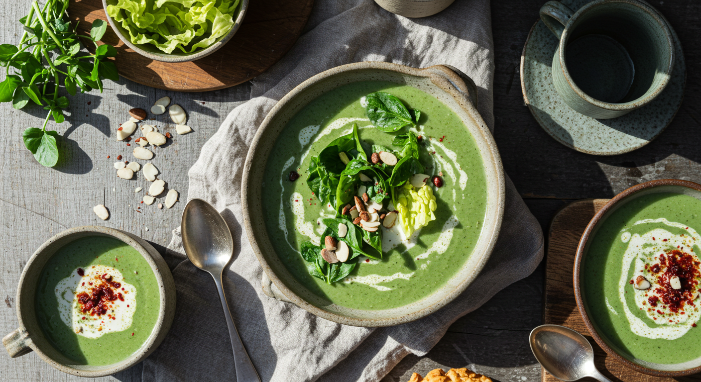 Three bowls of green soup with cream and almonds
