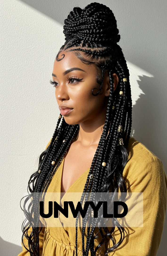 A side profile of a Black woman with sharp, clean stitch braids styled up into a long, sleek high ponytail.