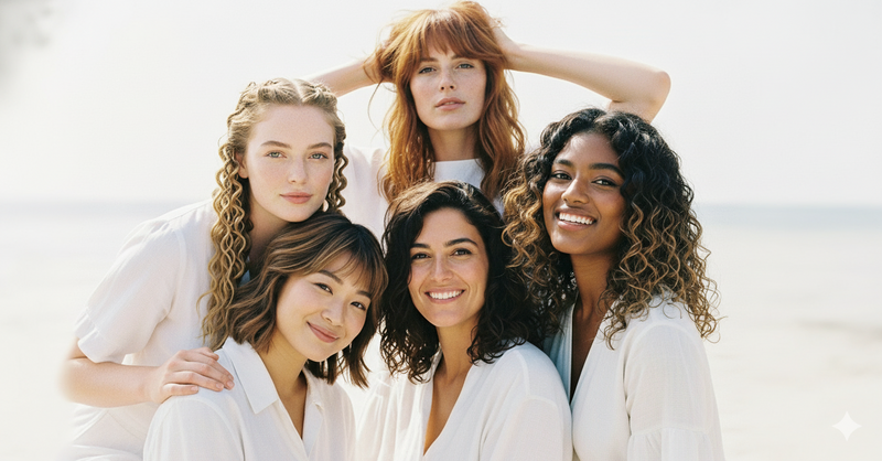 Five diverse women smiling at the beach, wearing white tops, and looking happy.