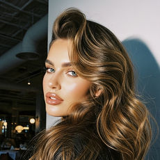 Woman with wavy brown hair looks over shoulder, Hair Routine, soft lighting close up.