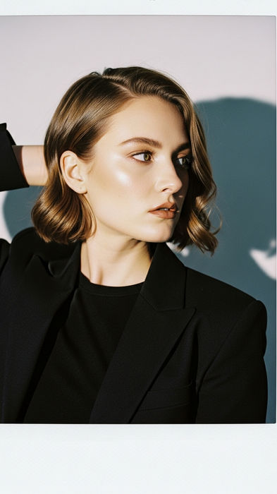 Woman in a black blazer looking away with hand behind head
